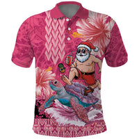 Hawaii Mele Kalikimaka Polo Shirt Funny Santa with Tribal Tattoos Kakau Pink Color - Polynesian Pride