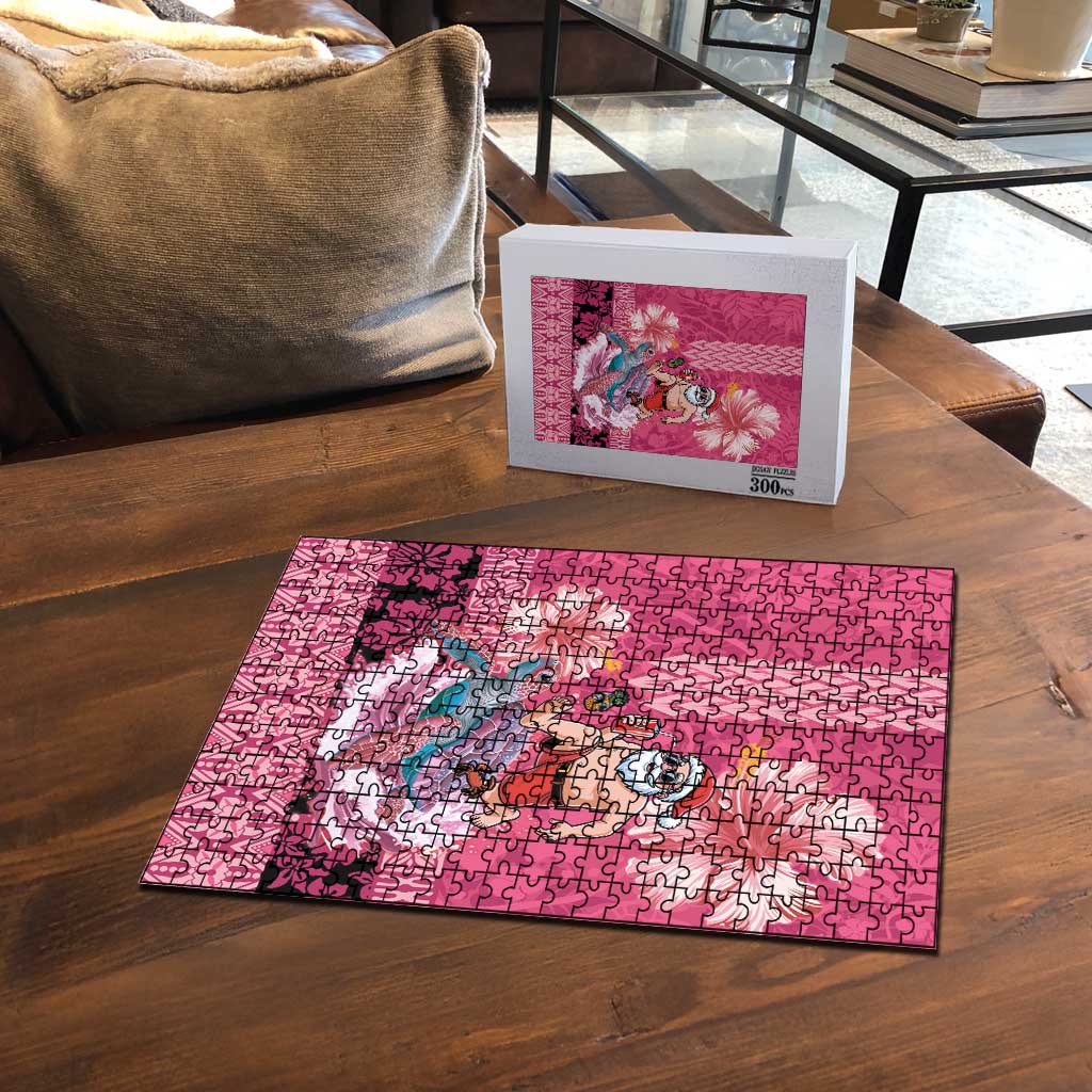 Hawaii Mele Kalikimaka Puzzle Funny Santa with Tribal Tattoos Kakau Pink Color - Polynesian Pride