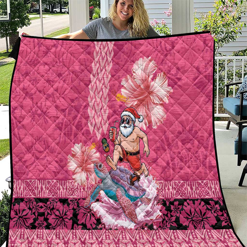 Hawaii Mele Kalikimaka Quilt Funny Santa with Tribal Tattoos Kakau Pink Color - Polynesian Pride