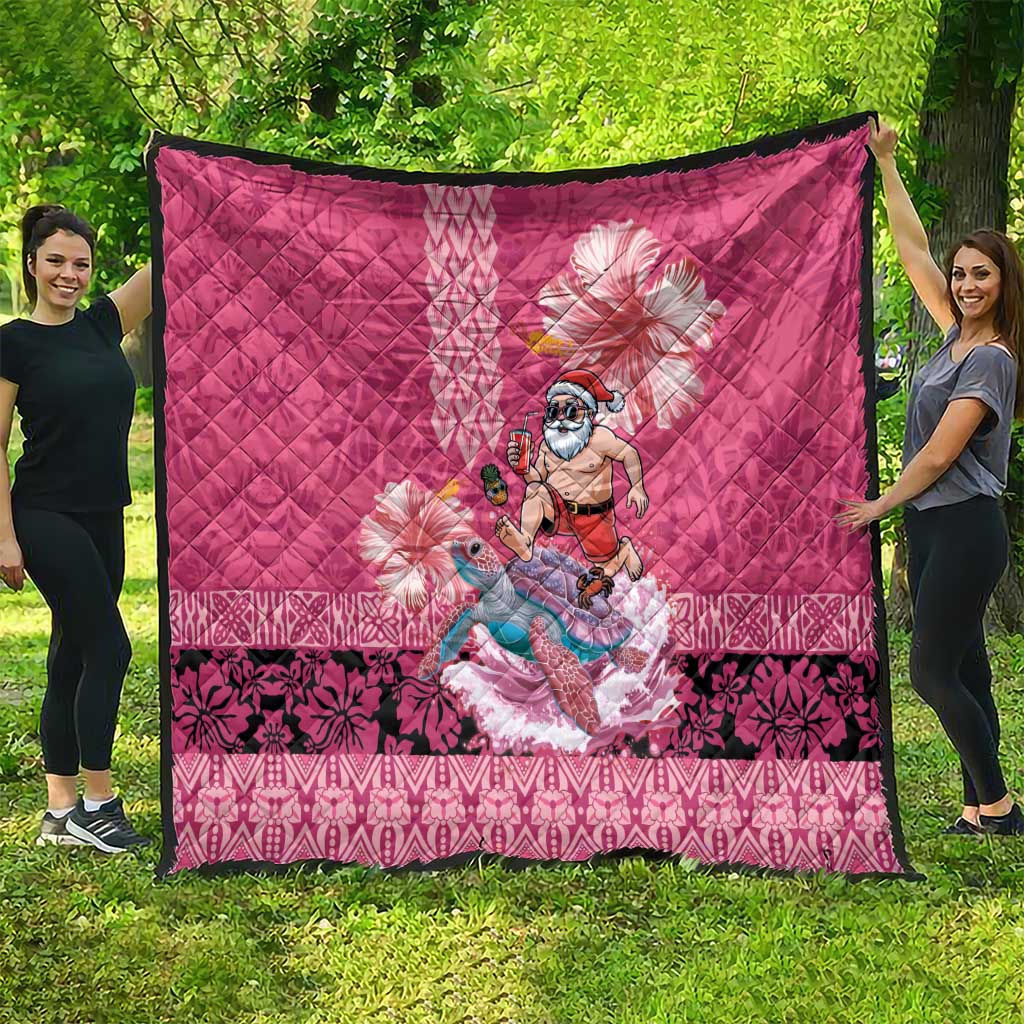 Hawaii Mele Kalikimaka Quilt Funny Santa with Tribal Tattoos Kakau Pink Color - Polynesian Pride