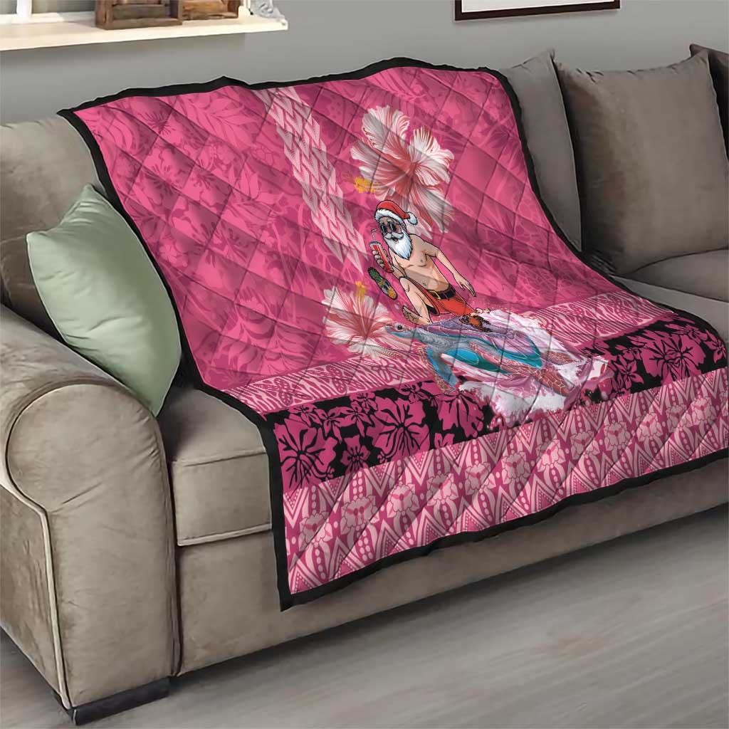 Hawaii Mele Kalikimaka Quilt Funny Santa with Tribal Tattoos Kakau Pink Color - Polynesian Pride