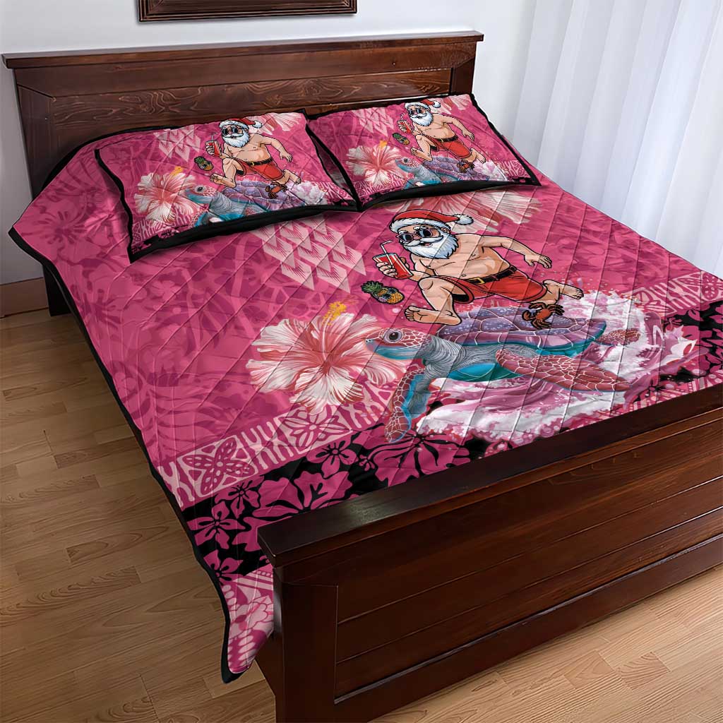 Hawaii Mele Kalikimaka Quilt Bed Set Funny Santa with Tribal Tattoos Kakau Pink Color - Polynesian Pride