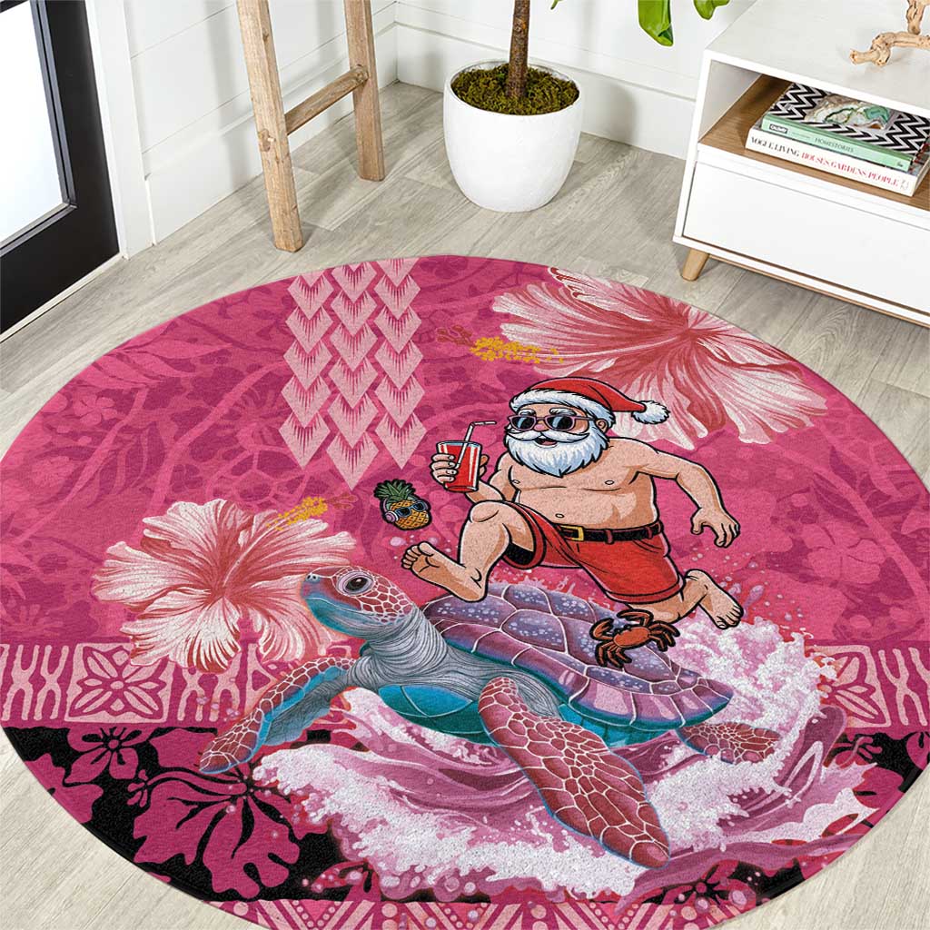 Hawaii Mele Kalikimaka Round Carpet Funny Santa with Tribal Tattoos Kakau Pink Color - Polynesian Pride