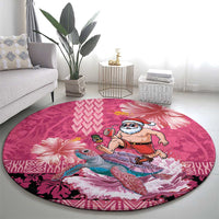 Hawaii Mele Kalikimaka Round Carpet Funny Santa with Tribal Tattoos Kakau Pink Color - Polynesian Pride
