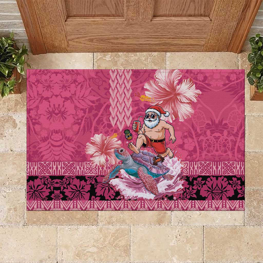 Hawaii Mele Kalikimaka Rubber Doormat Funny Santa with Tribal Tattoos Kakau Pink Color - Polynesian Pride