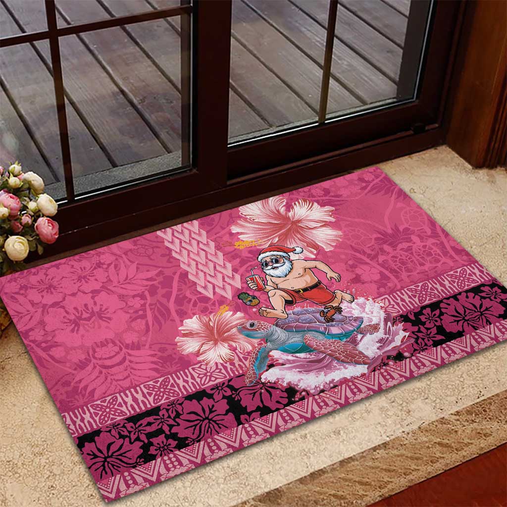 Hawaii Mele Kalikimaka Rubber Doormat Funny Santa with Tribal Tattoos Kakau Pink Color - Polynesian Pride