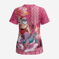 Hawaii Mele Kalikimaka Scrub Top Funny Santa with Tribal Tattoos Kakau Pink Color - Polynesian Pride