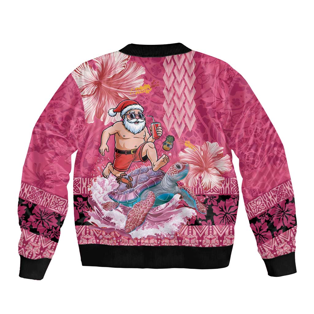 Hawaii Mele Kalikimaka Sleeve Zip Bomber Jacket Funny Santa with Tribal Tattoos Kakau Pink Color - Polynesian Pride
