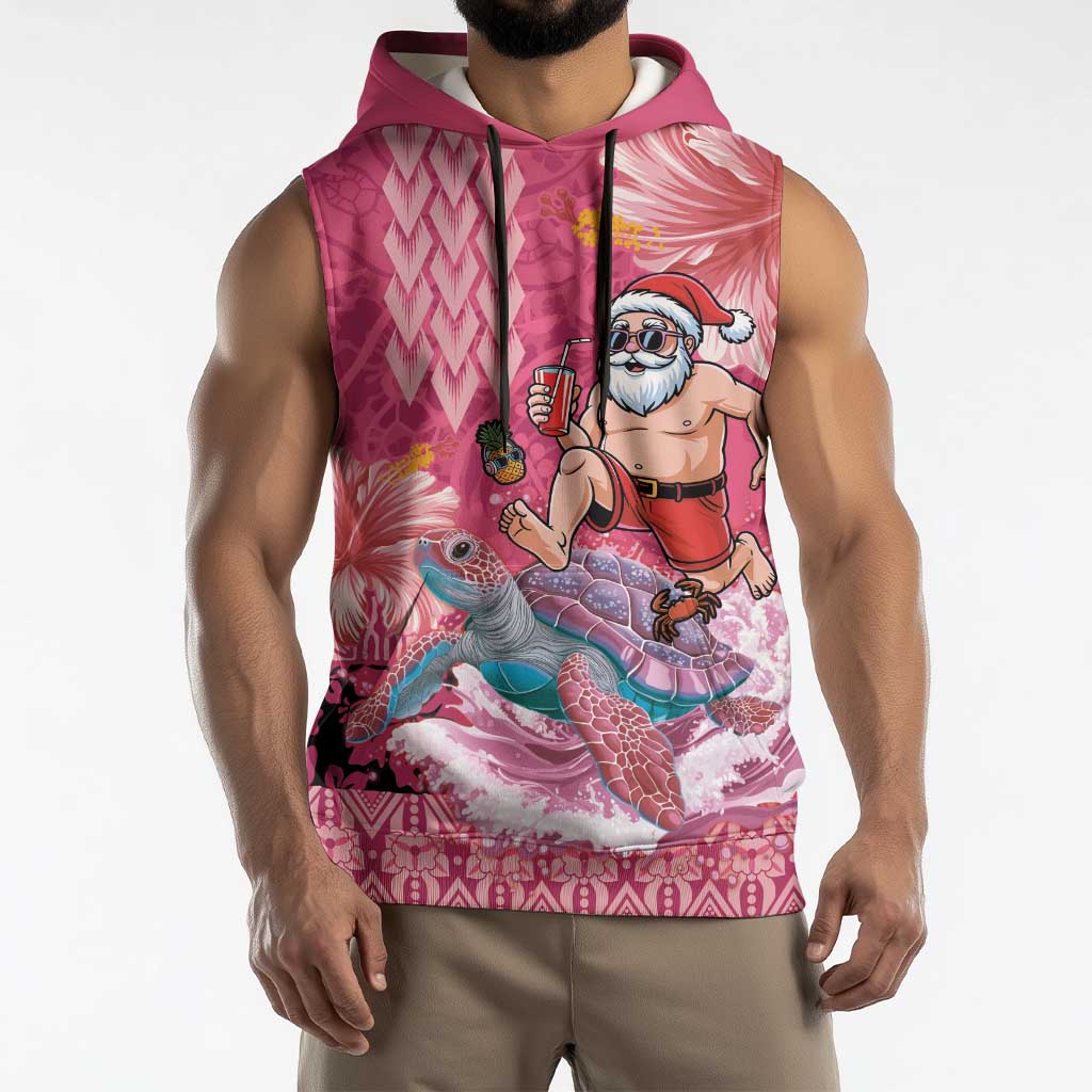 Hawaii Mele Kalikimaka Sleeveless Hoodie Funny Santa with Tribal Tattoos Kakau Pink Color - Polynesian Pride