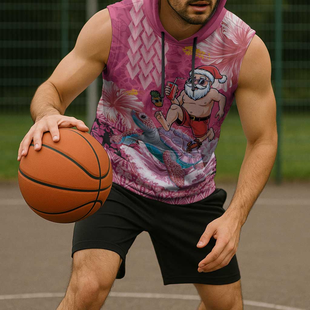 Hawaii Mele Kalikimaka Sleeveless Hoodie Funny Santa with Tribal Tattoos Kakau Pink Color - Polynesian Pride