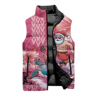 Hawaii Mele Kalikimaka Sleeveless Puffer Jacket Funny Santa with Tribal Tattoos Kakau Pink Color - Polynesian Pride