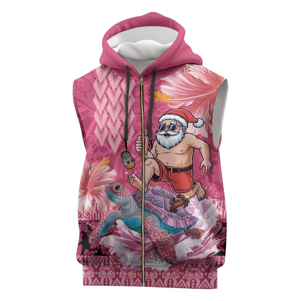 Hawaii Mele Kalikimaka Sleeveless Zip Hoodie Funny Santa with Tribal Tattoos Kakau Pink Color - Polynesian Pride