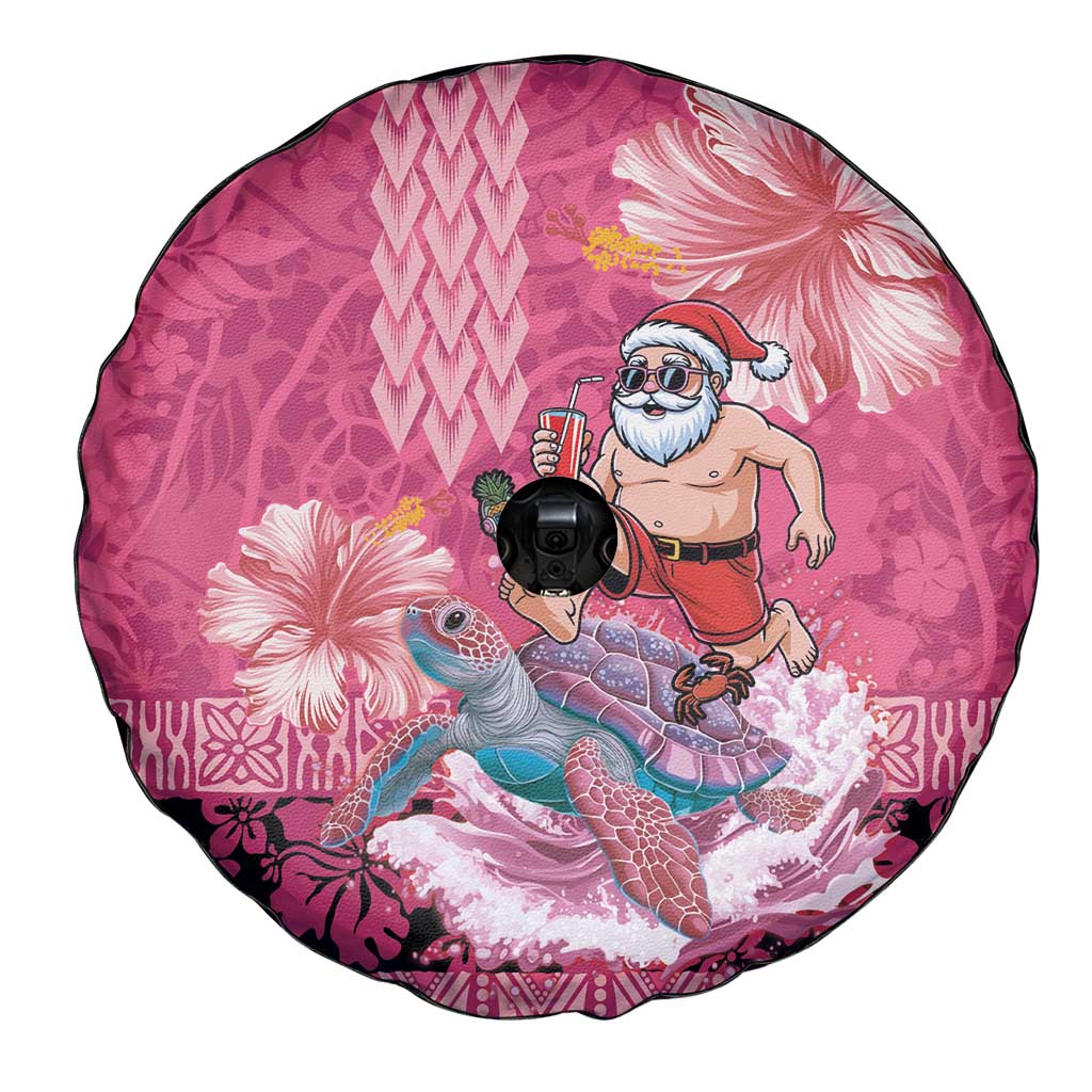 Hawaii Mele Kalikimaka Spare Tire Cover Funny Santa with Tribal Tattoos Kakau Pink Color - Polynesian Pride