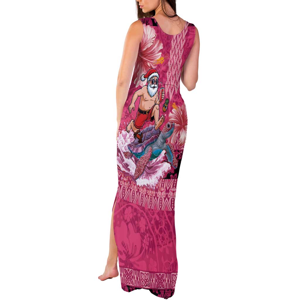 Hawaii Mele Kalikimaka Tank Maxi Dress Funny Santa with Tribal Tattoos Kakau Pink Color - Polynesian Pride