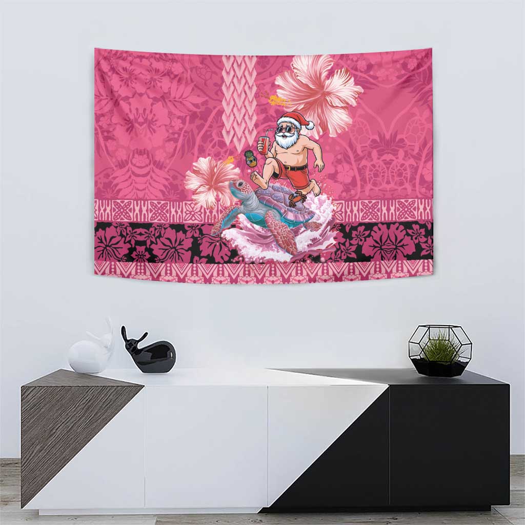 Hawaii Mele Kalikimaka Tapestry Funny Santa with Tribal Tattoos Kakau Pink Color - Polynesian Pride