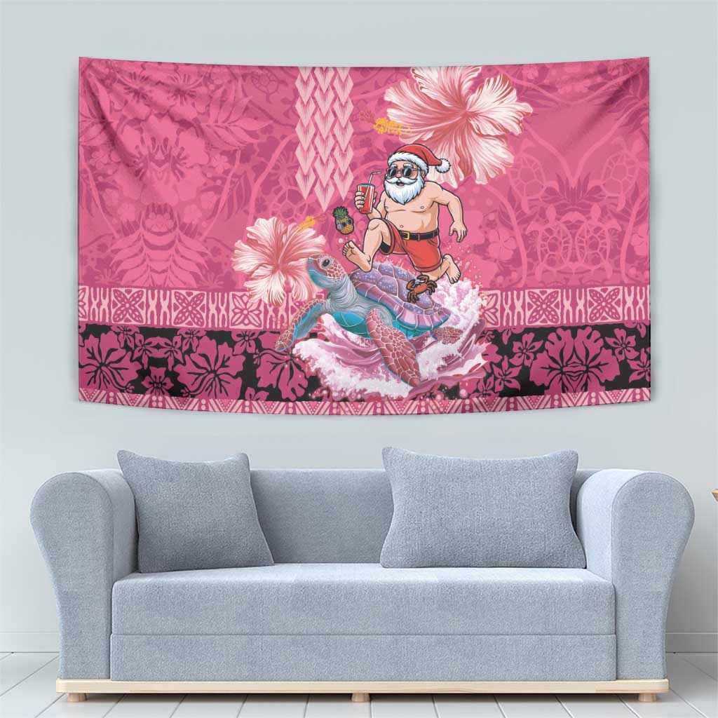 Hawaii Mele Kalikimaka Tapestry Funny Santa with Tribal Tattoos Kakau Pink Color - Polynesian Pride