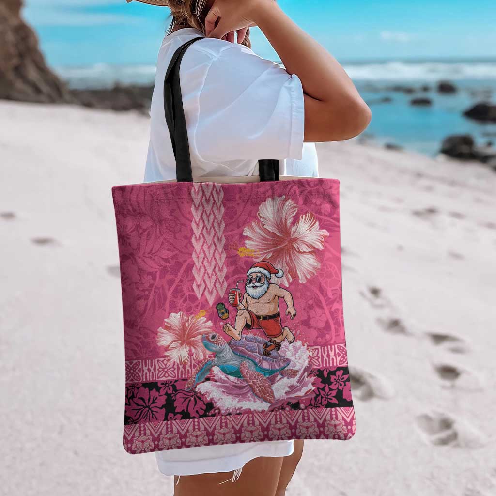 Hawaii Mele Kalikimaka Tote Bag Funny Santa with Tribal Tattoos Kakau Pink Color - Polynesian Pride
