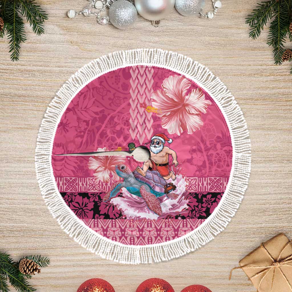 Hawaii Mele Kalikimaka Tree Skirt Funny Santa with Tribal Tattoos Kakau Pink Color - Polynesian Pride
