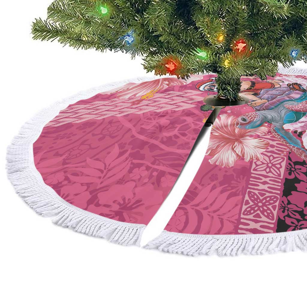 Hawaii Mele Kalikimaka Tree Skirt Funny Santa with Tribal Tattoos Kakau Pink Color - Polynesian Pride