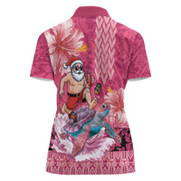 Hawaii Mele Kalikimaka Women Polo Shirt Funny Santa with Tribal Tattoos Kakau Pink Color - Polynesian Pride