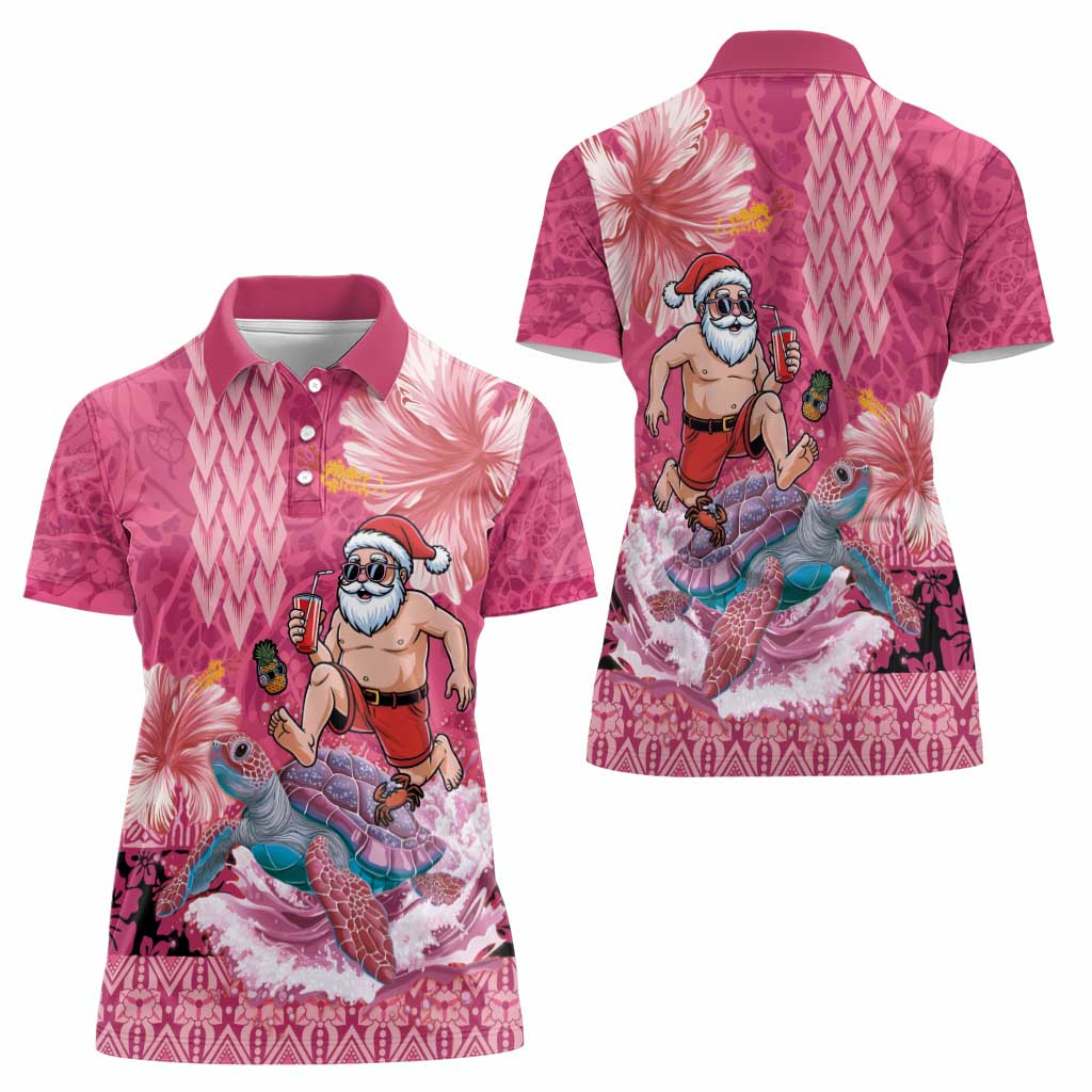 Hawaii Mele Kalikimaka Women Polo Shirt Funny Santa with Tribal Tattoos Kakau Pink Color - Polynesian Pride