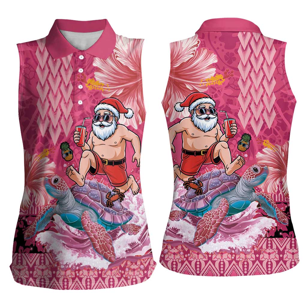 Hawaii Mele Kalikimaka Women Sleeveless Polo Shirt Funny Santa with Tribal Tattoos Kakau Pink Color - Polynesian Pride
