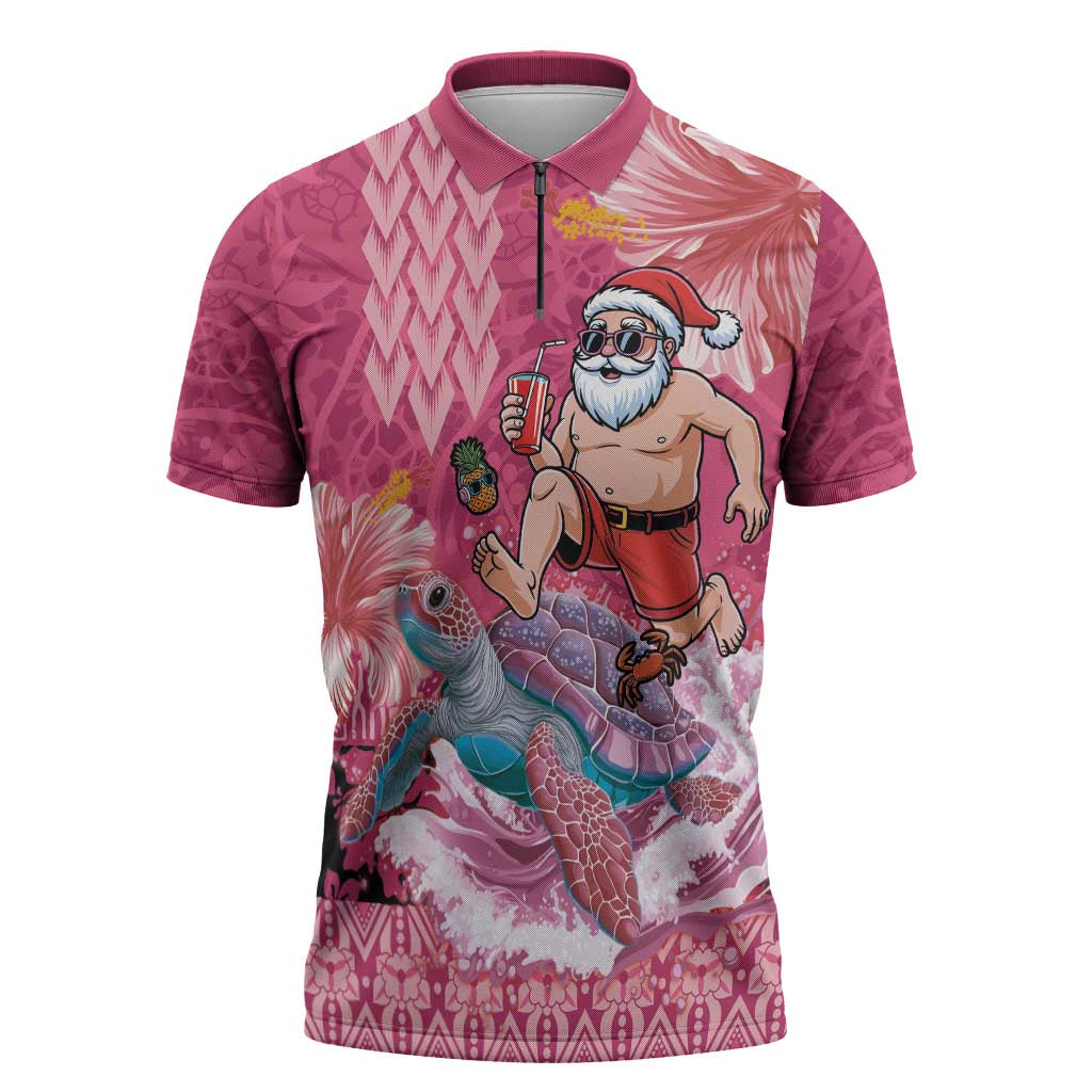 Hawaii Mele Kalikimaka Zipper Polo Shirt Funny Santa with Tribal Tattoos Kakau Pink Color - Polynesian Pride