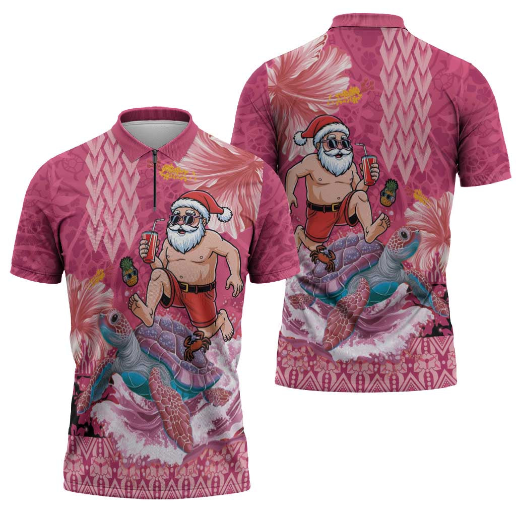 Hawaii Mele Kalikimaka Zipper Polo Shirt Funny Santa with Tribal Tattoos Kakau Pink Color - Polynesian Pride