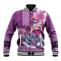 Hawaii Mele Kalikimaka Baseball Jacket Funny Santa with Tribal Tattoos Kakau Purple Color - Polynesian Pride