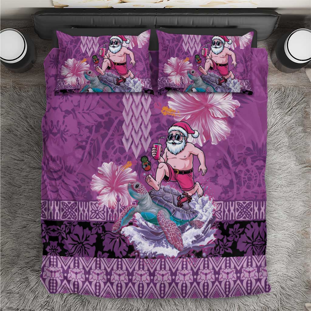 Hawaii Mele Kalikimaka Bedding Set Funny Santa with Tribal Tattoos Kakau Purple Color - Polynesian Pride