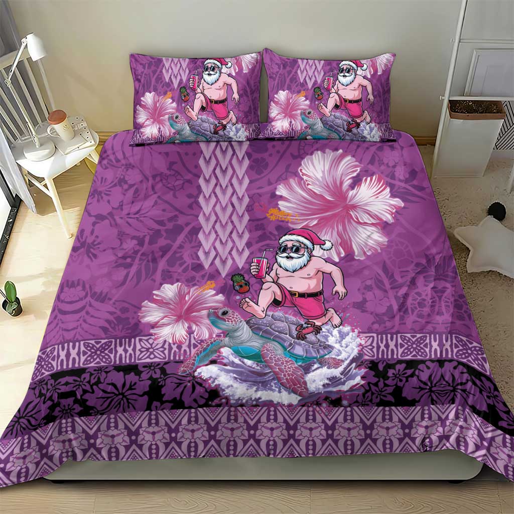 Hawaii Mele Kalikimaka Bedding Set Funny Santa with Tribal Tattoos Kakau Purple Color - Polynesian Pride