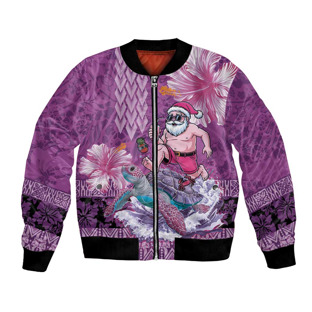 Hawaii Mele Kalikimaka Bomber Jacket Funny Santa with Tribal Tattoos Kakau Purple Color - Polynesian Pride