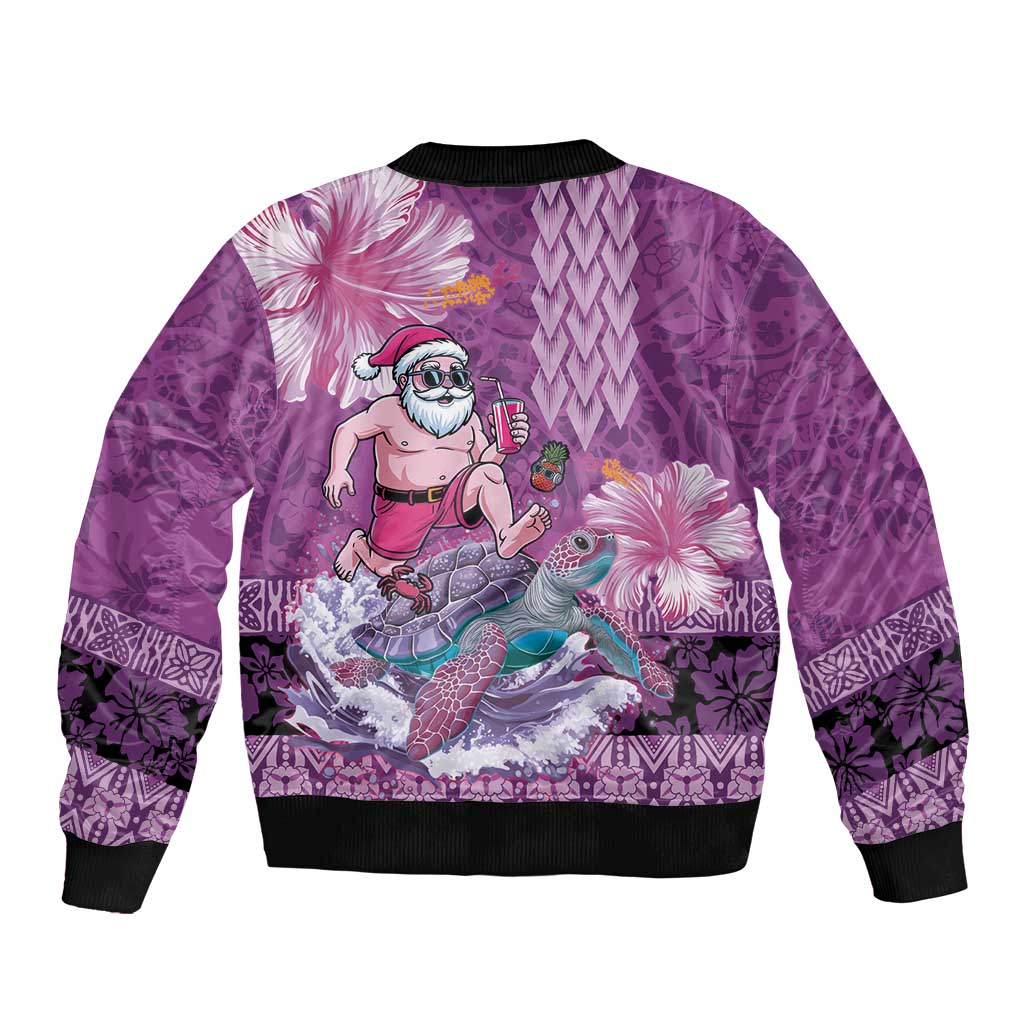 Hawaii Mele Kalikimaka Bomber Jacket Funny Santa with Tribal Tattoos Kakau Purple Color - Polynesian Pride