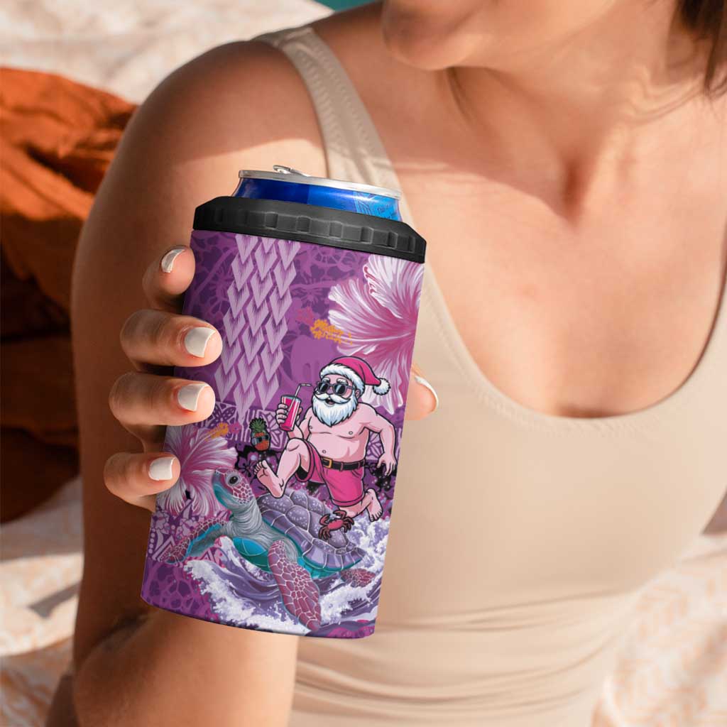 Hawaii Mele Kalikimaka 4 in 1 Can Cooler Tumbler Funny Santa with Tribal Tattoos Kakau Purple Color - Polynesian Pride