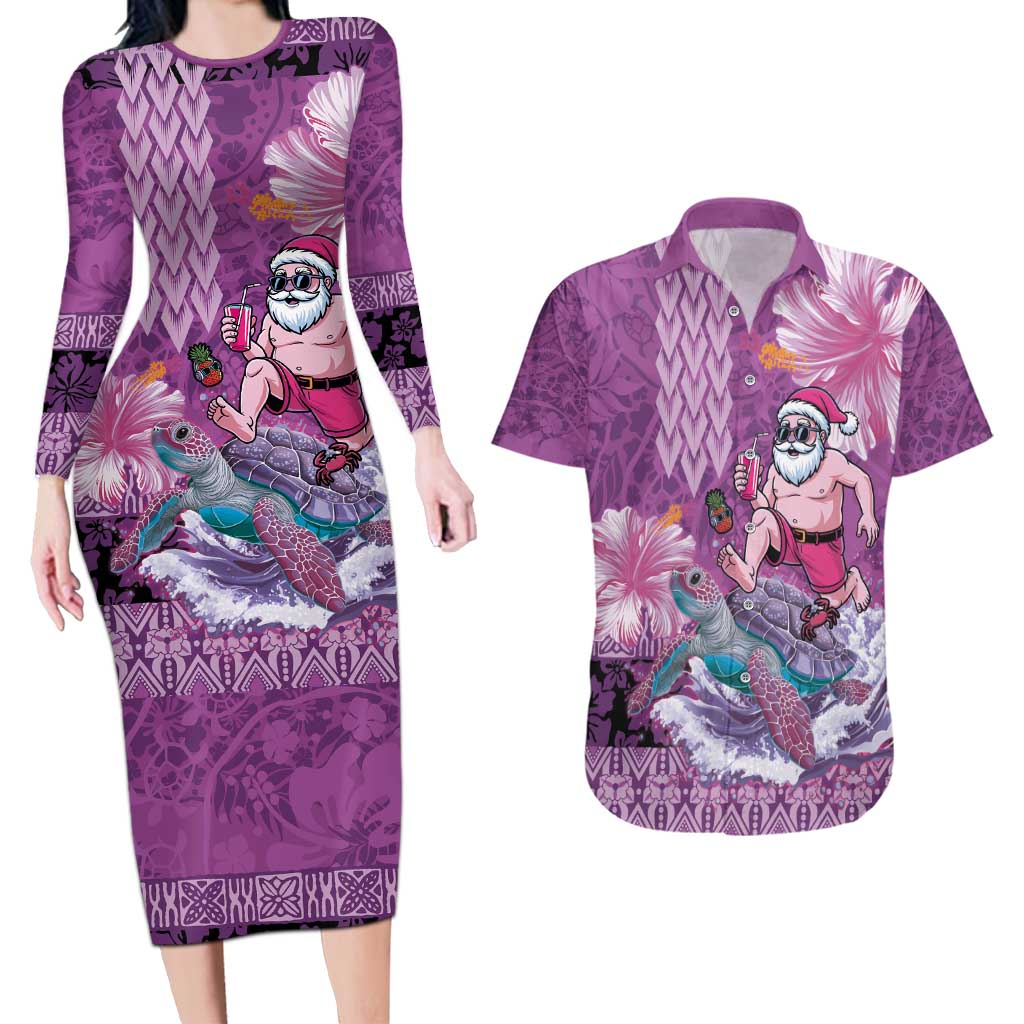 Hawaii Mele Kalikimaka Couples Matching Long Sleeve Bodycon Dress and Hawaiian Shirt Funny Santa with Tribal Tattoos Kakau Purple Color - Polynesian Pride