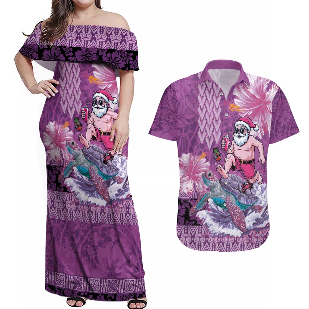 Hawaii Mele Kalikimaka Couples Matching Off Shoulder Maxi Dress and Hawaiian Shirt Funny Santa with Tribal Tattoos Kakau Purple Color - Polynesian Pride