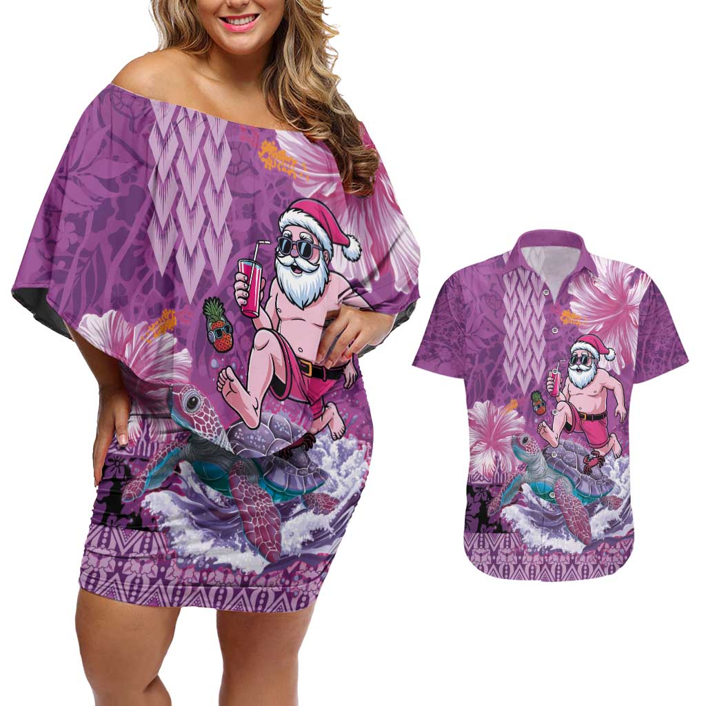Hawaii Mele Kalikimaka Couples Matching Off Shoulder Short Dress and Hawaiian Shirt Funny Santa with Tribal Tattoos Kakau Purple Color - Polynesian Pride