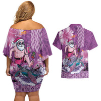 Hawaii Mele Kalikimaka Couples Matching Off Shoulder Short Dress and Hawaiian Shirt Funny Santa with Tribal Tattoos Kakau Purple Color - Polynesian Pride