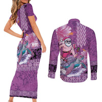 Hawaii Mele Kalikimaka Couples Matching Short Sleeve Bodycon Dress and Long Sleeve Button Shirt Funny Santa with Tribal Tattoos Kakau Purple Color - Polynesian Pride
