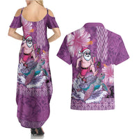 Hawaii Mele Kalikimaka Couples Matching Summer Maxi Dress and Hawaiian Shirt Funny Santa with Tribal Tattoos Kakau Purple Color - Polynesian Pride