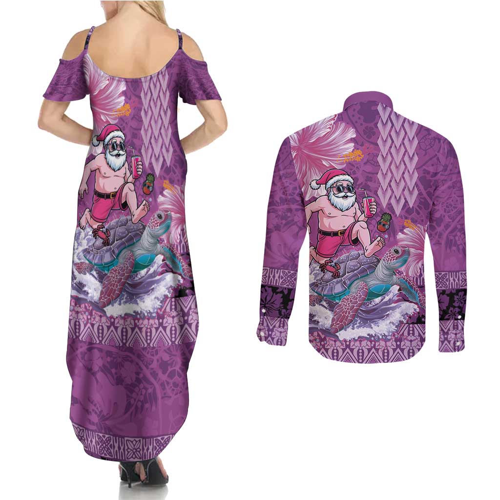 Hawaii Mele Kalikimaka Couples Matching Summer Maxi Dress and Long Sleeve Button Shirt Funny Santa with Tribal Tattoos Kakau Purple Color - Polynesian Pride