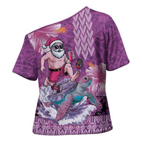 Hawaii Mele Kalikimaka Cross Shoulder Shirt Funny Santa with Tribal Tattoos Kakau Purple Color - Polynesian Pride