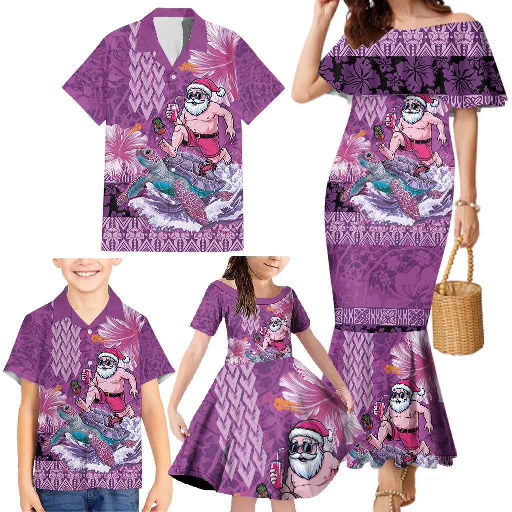 Hawaii Mele Kalikimaka Family Matching Mermaid Dress and Hawaiian Shirt Funny Santa with Tribal Tattoos Kakau Purple Color - Polynesian Pride
