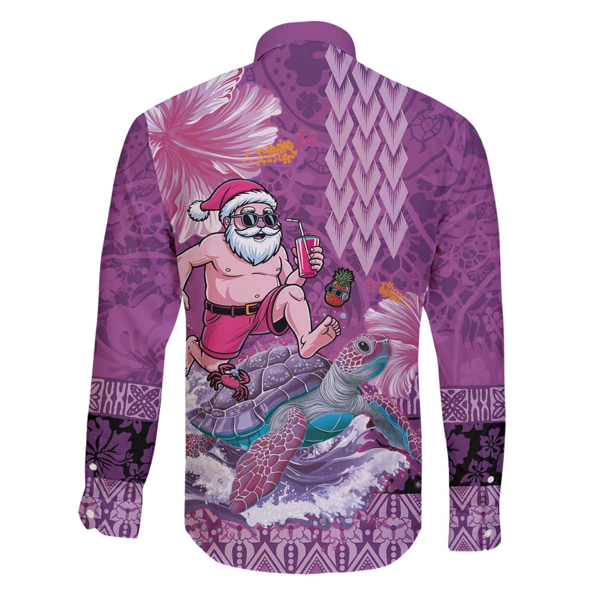 Hawaii Mele Kalikimaka Family Matching Off The Shoulder Long Sleeve Dress and Hawaiian Shirt Funny Santa with Tribal Tattoos Kakau Purple Color - Polynesian Pride