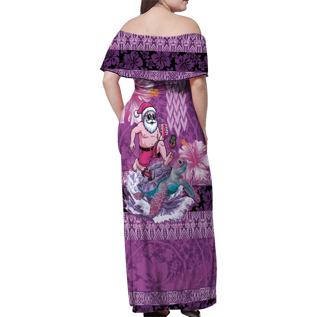 Hawaii Mele Kalikimaka Family Matching Off Shoulder Maxi Dress and Hawaiian Shirt Funny Santa with Tribal Tattoos Kakau Purple Color - Polynesian Pride