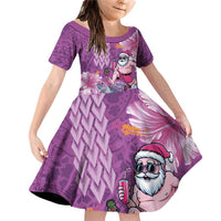 Hawaii Mele Kalikimaka Family Matching Off Shoulder Short Dress and Hawaiian Shirt Funny Santa with Tribal Tattoos Kakau Purple Color - Polynesian Pride