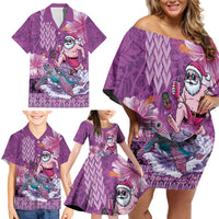 Hawaii Mele Kalikimaka Family Matching Off Shoulder Short Dress and Hawaiian Shirt Funny Santa with Tribal Tattoos Kakau Purple Color - Polynesian Pride