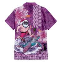 Hawaii Mele Kalikimaka Family Matching Off Shoulder Short Dress and Hawaiian Shirt Funny Santa with Tribal Tattoos Kakau Purple Color - Polynesian Pride