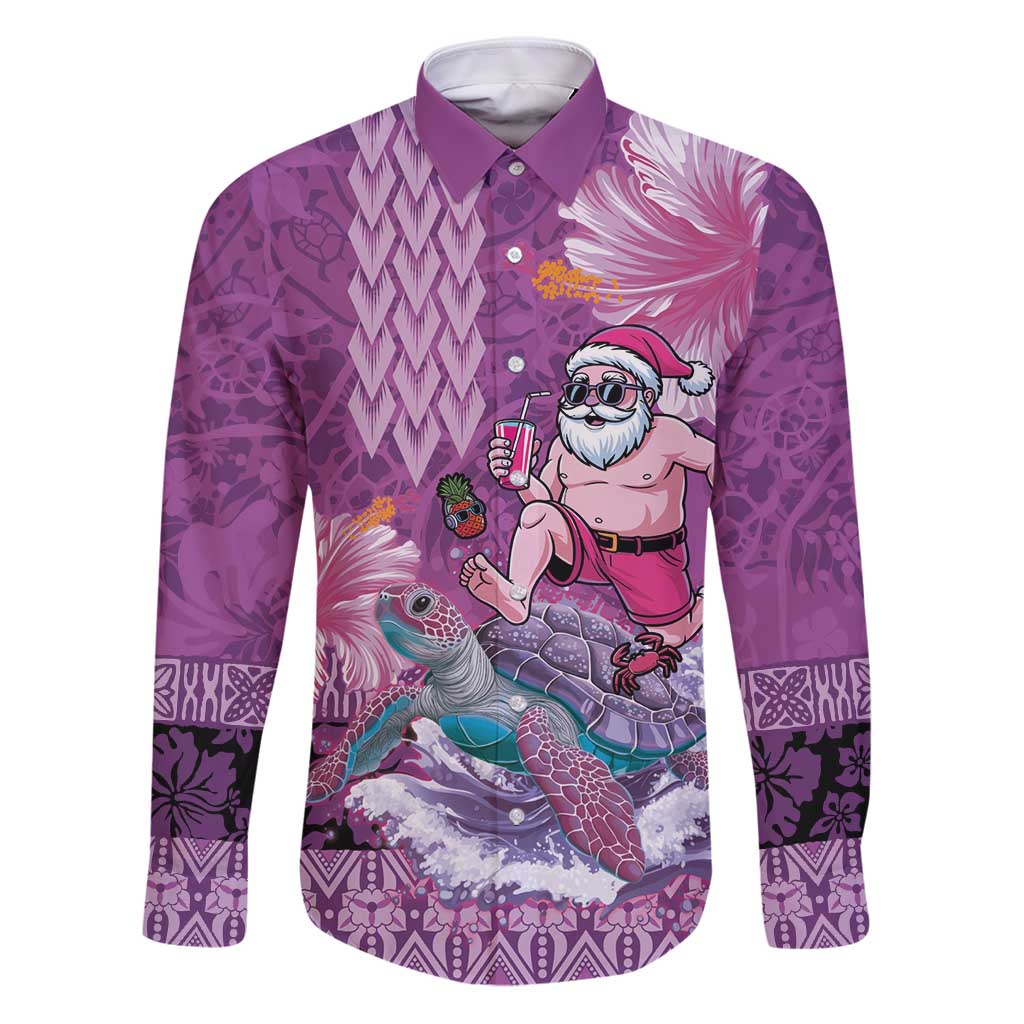 Hawaii Mele Kalikimaka Family Matching Puletasi and Hawaiian Shirt Funny Santa with Tribal Tattoos Kakau Purple Color - Polynesian Pride