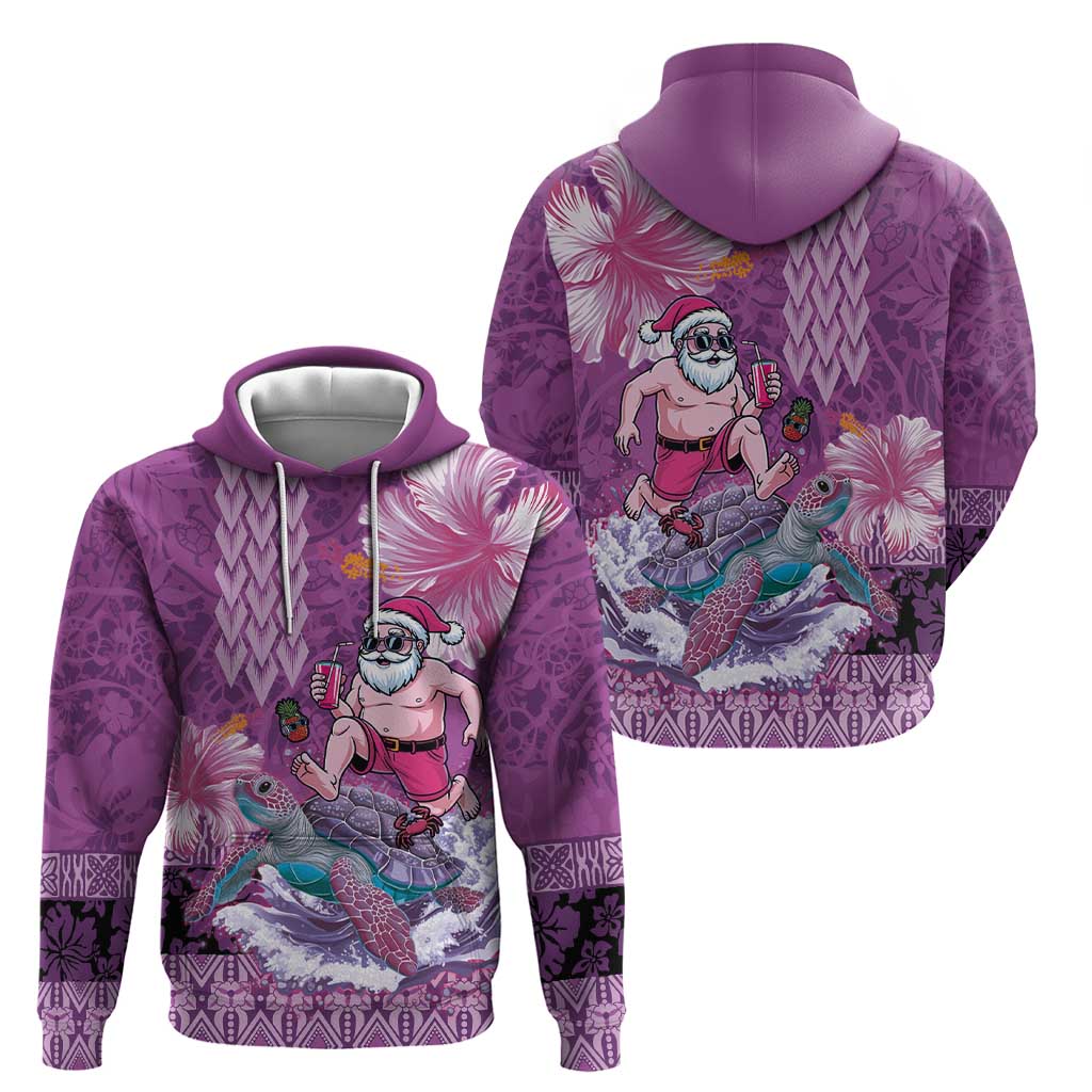 Hawaii Mele Kalikimaka Hoodie Funny Santa with Tribal Tattoos Kakau Purple Color - Polynesian Pride